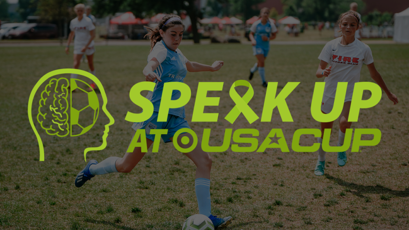 Speak Up at USA CUP Logo over image of soccer player