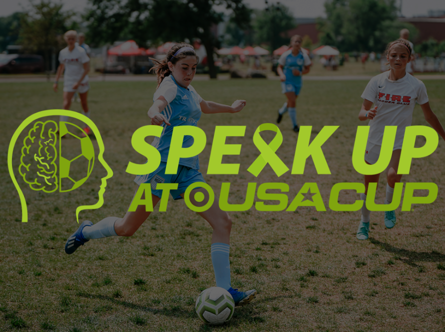 Speak Up at USA CUP Logo over image of soccer player